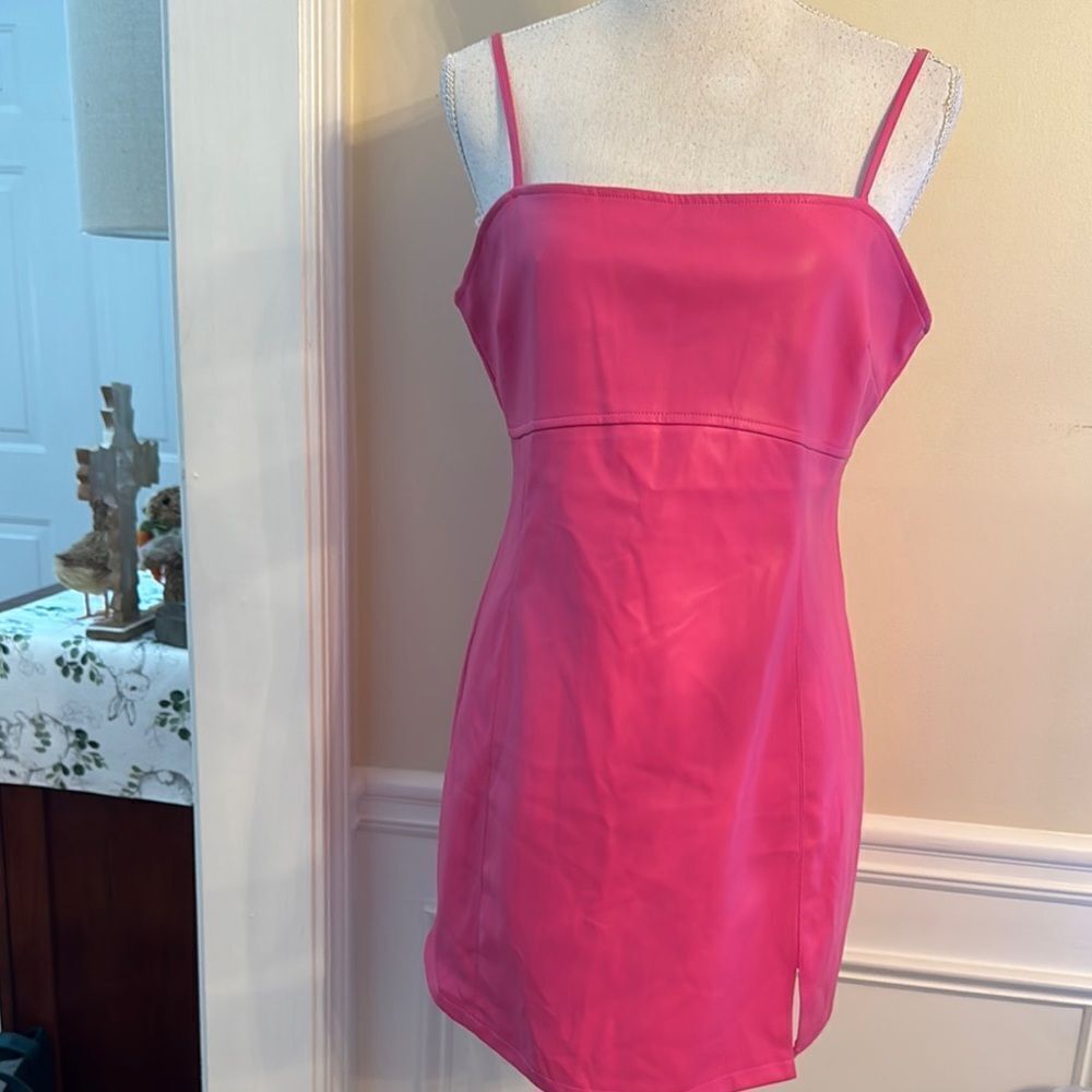 Miss Selfridge Faux Leather Vibrant Pink Spaghetti Strap Dress